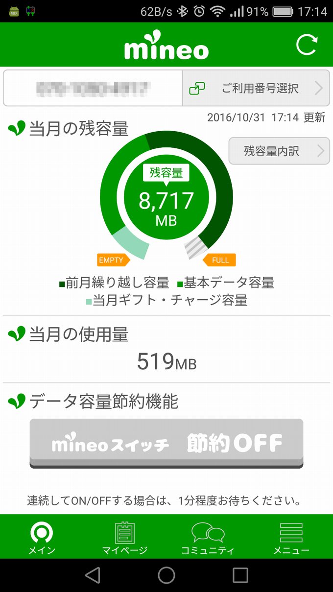 mineoの10月分の使用量