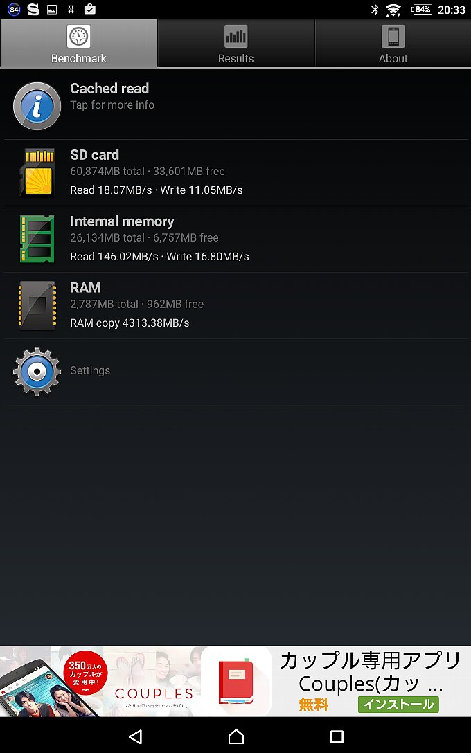 Xperia Z3 Tablet Compactの『A1 SD Bench』の結果