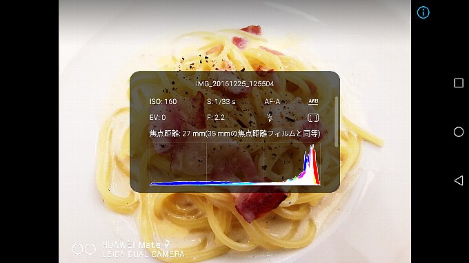 Mate9「ナイスフード」、「標準」の際のヒストグラム