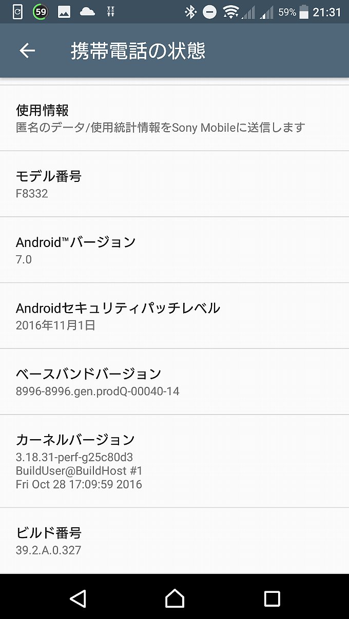 アップデート前のシステム情報
