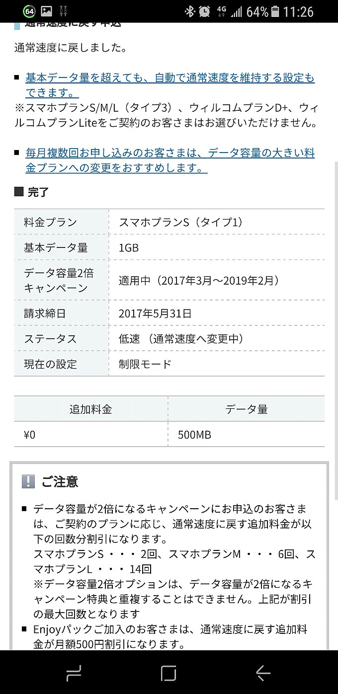 通常速度へ戻す申込みを完了