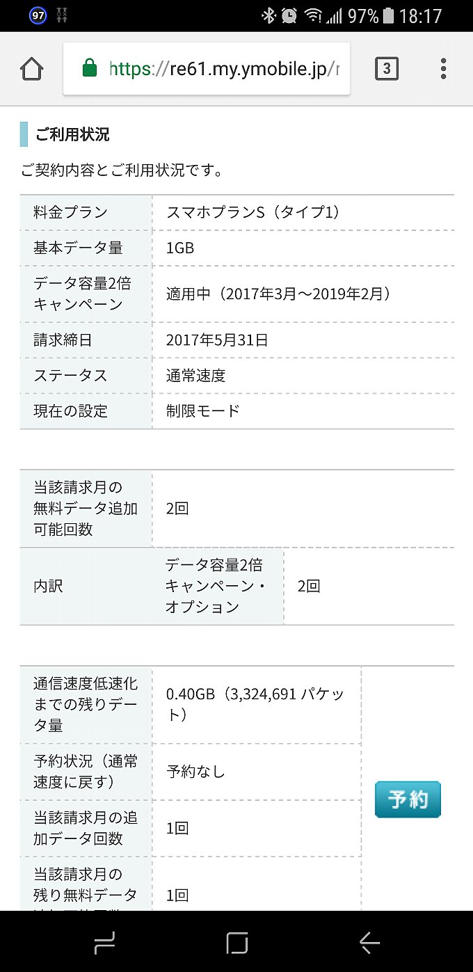 ワイモバイル500MB追加後の残容量