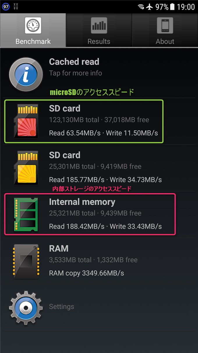 GalaxyS7の内部ストレージとmicroSDのアクセススピード