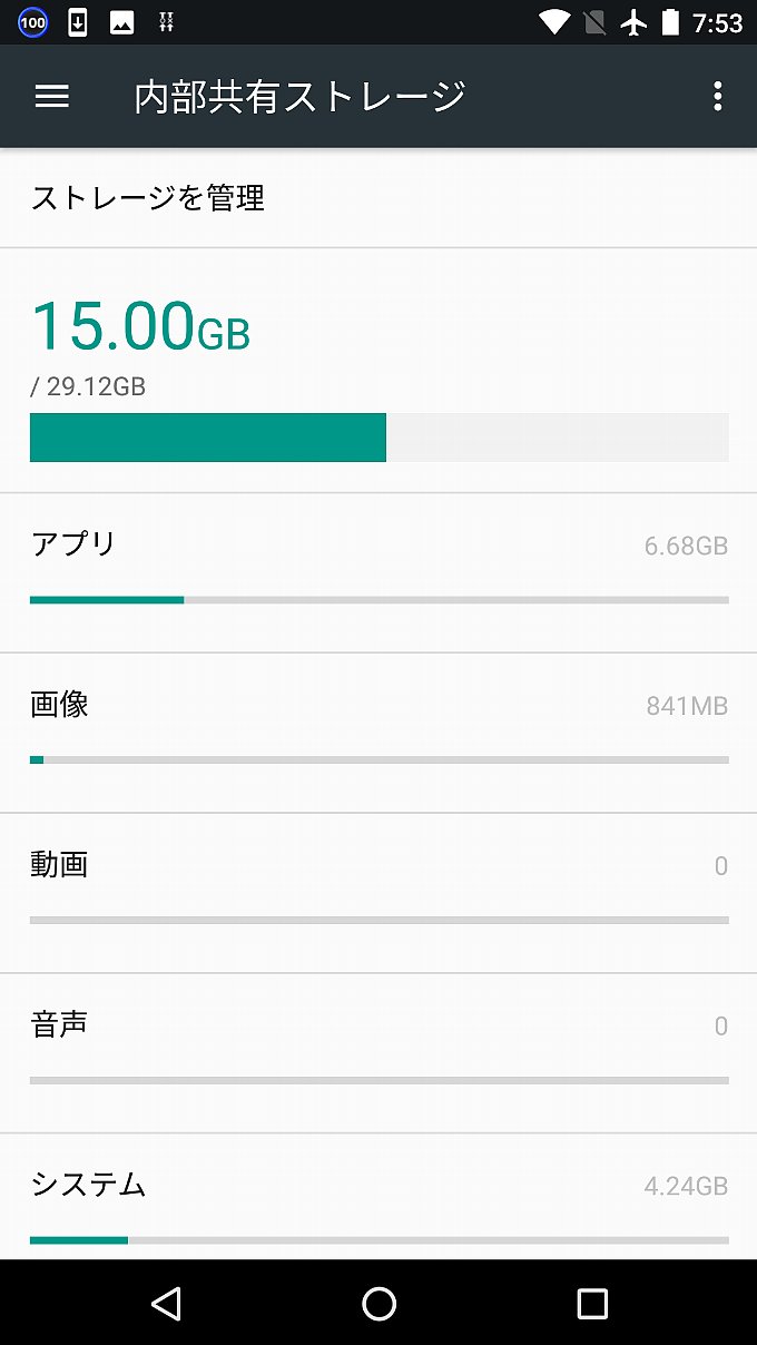 アップデート前のストレージに占めるシステムの容量