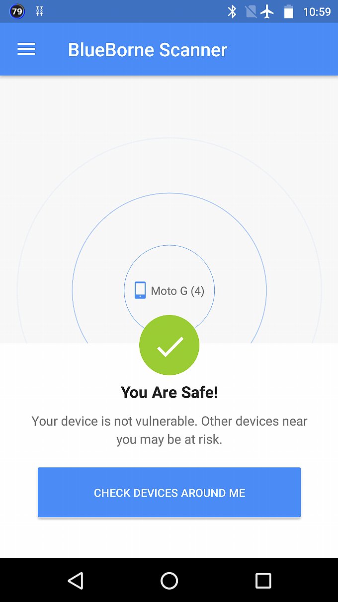 Blueborne Scannerアプリによるセキュリティチェックの結果