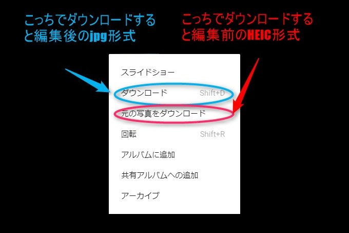 編集せずにダウンロードしたものは「HEIC」形式となる