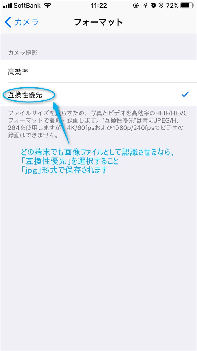 iPhone以外でも使う可能性が少しでもあるのなら、「互換性優先」にチェックを入れてください