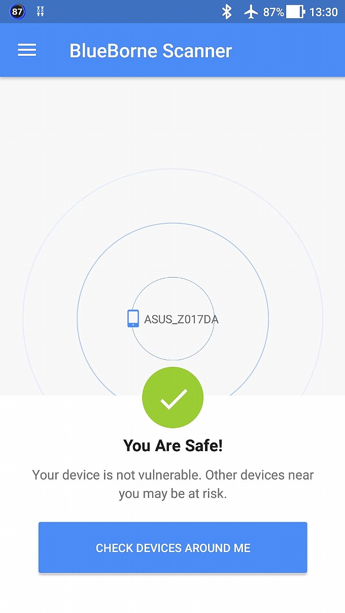 ZenFone 3のBlueBorne Scannerアプリでのチェック結果