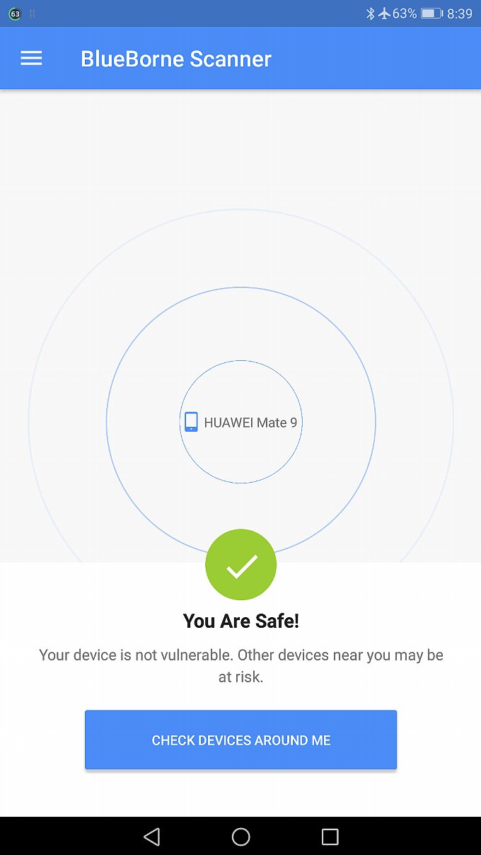 BlueBorne Scannerアプリでのチェック結果
