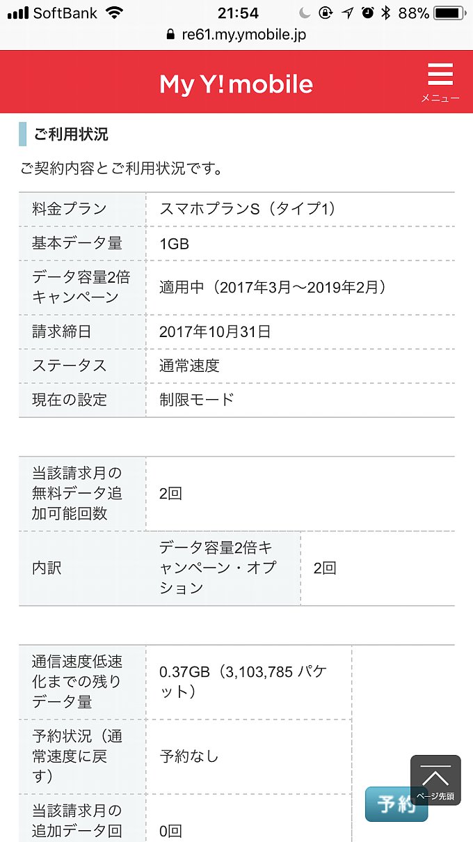 ワイモバイル 10月分のデータ使用量その2