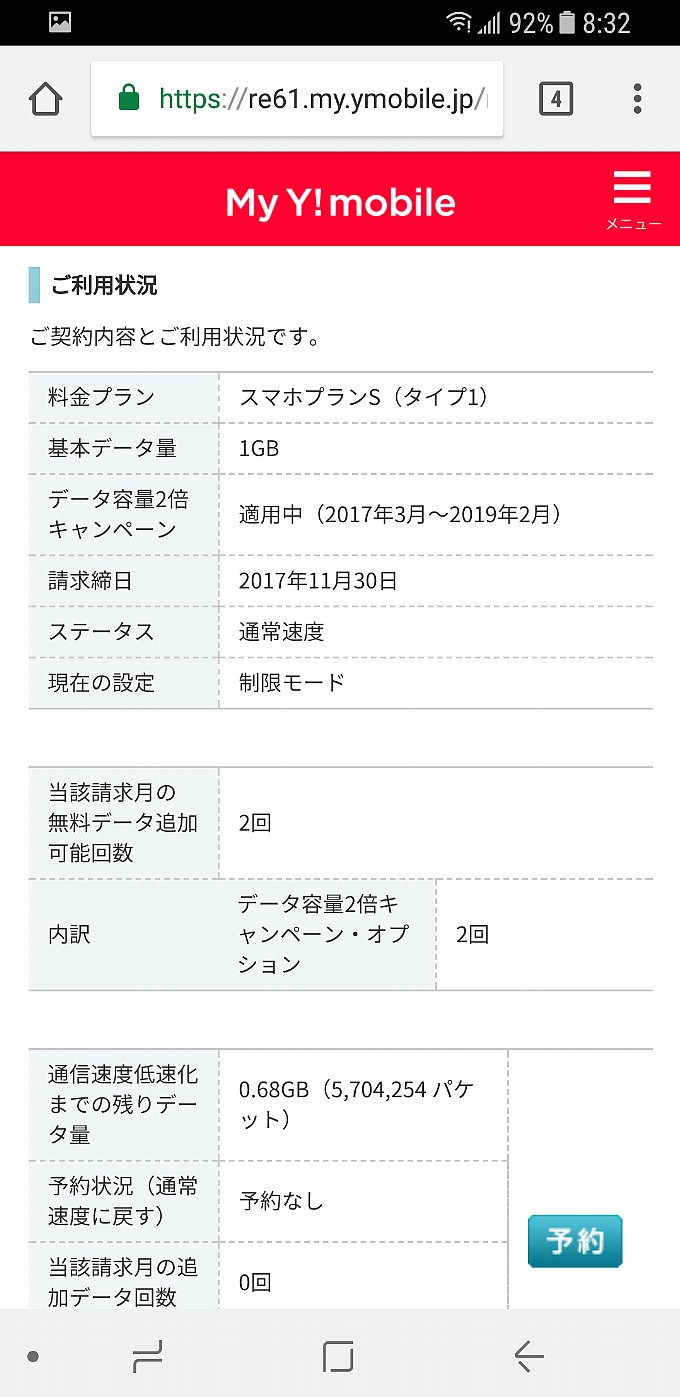 ワイモバイル 11月分のデータ使用量その1