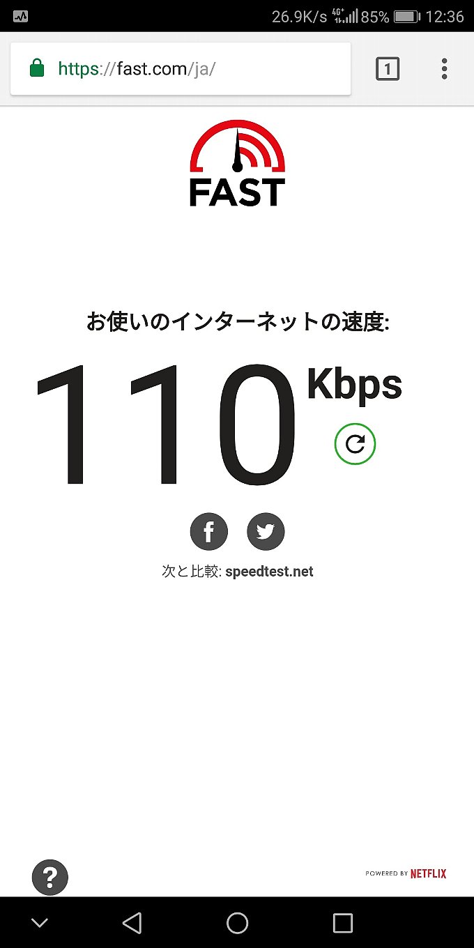 OCN モバイル ONEのfast.comでの結果