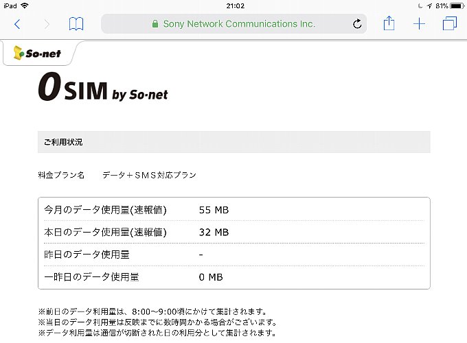 0 SIMのデータ使用量