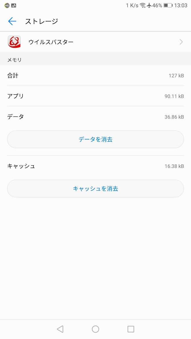 追加されたウィルスバスターアプリのストレージ使用量