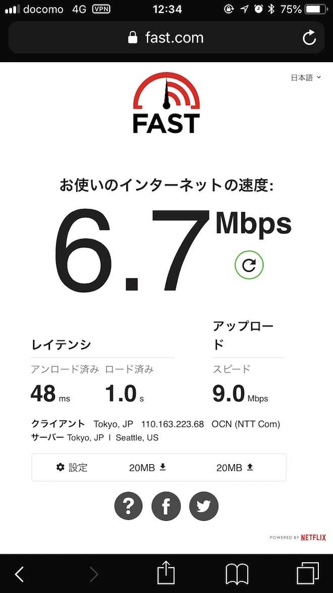 fast.comでのドコモspモードの速度