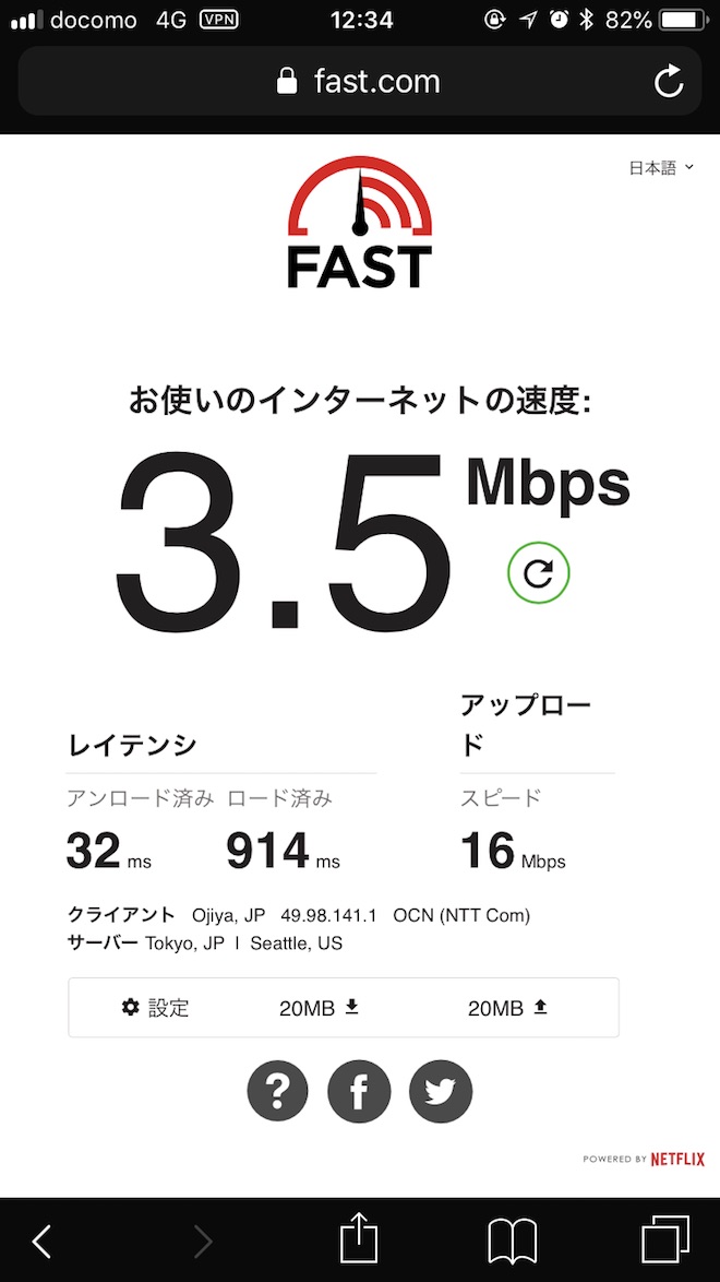 fast.comでのドコモspモードの速度