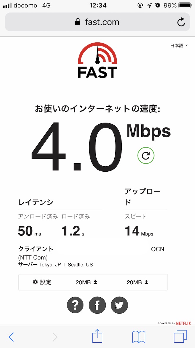 fast.comでのドコモspモードの速度