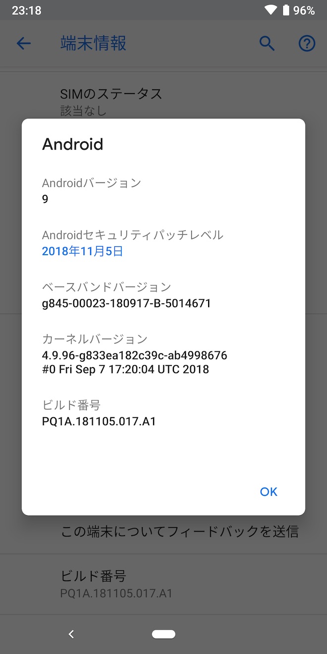 アップデート後の端末情報