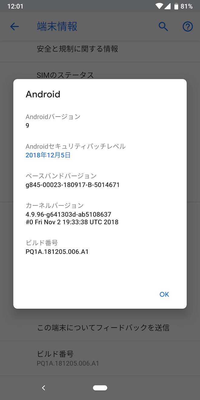 アップデート前の端末情報(Pixel 3)