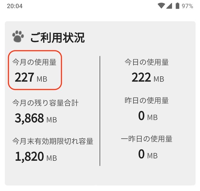 nuroモバイルの使用通信量