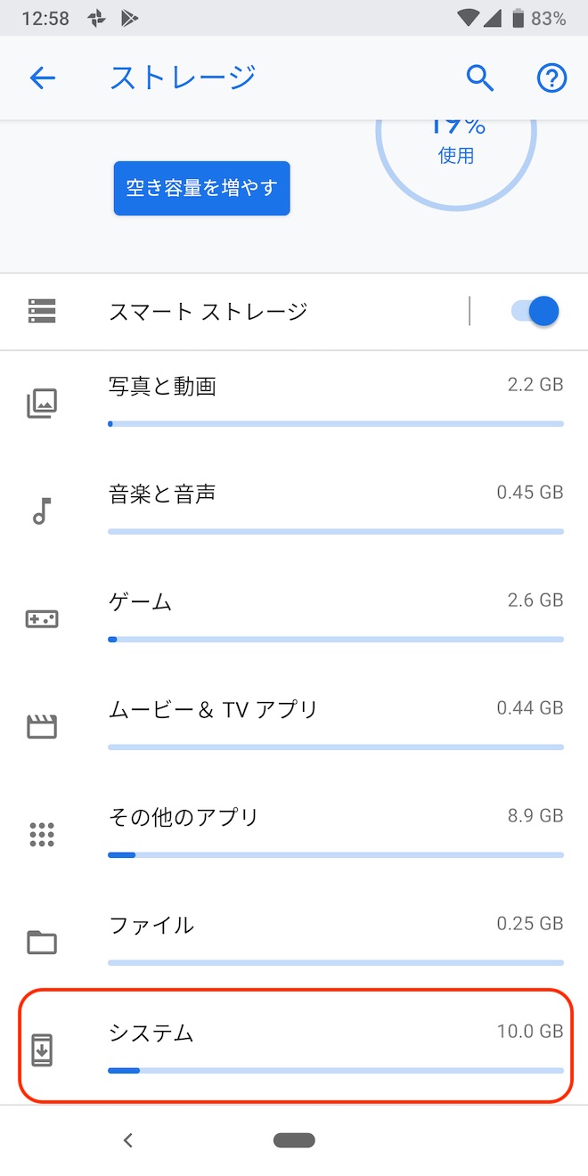 アップデート後のストレージに占めるシステムの容量