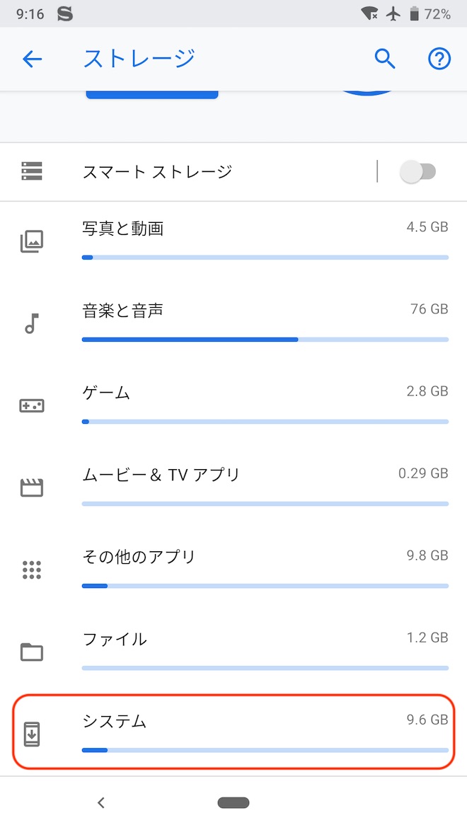 アップデート後のストレージに占めるシステムの容量(Pixel 2)