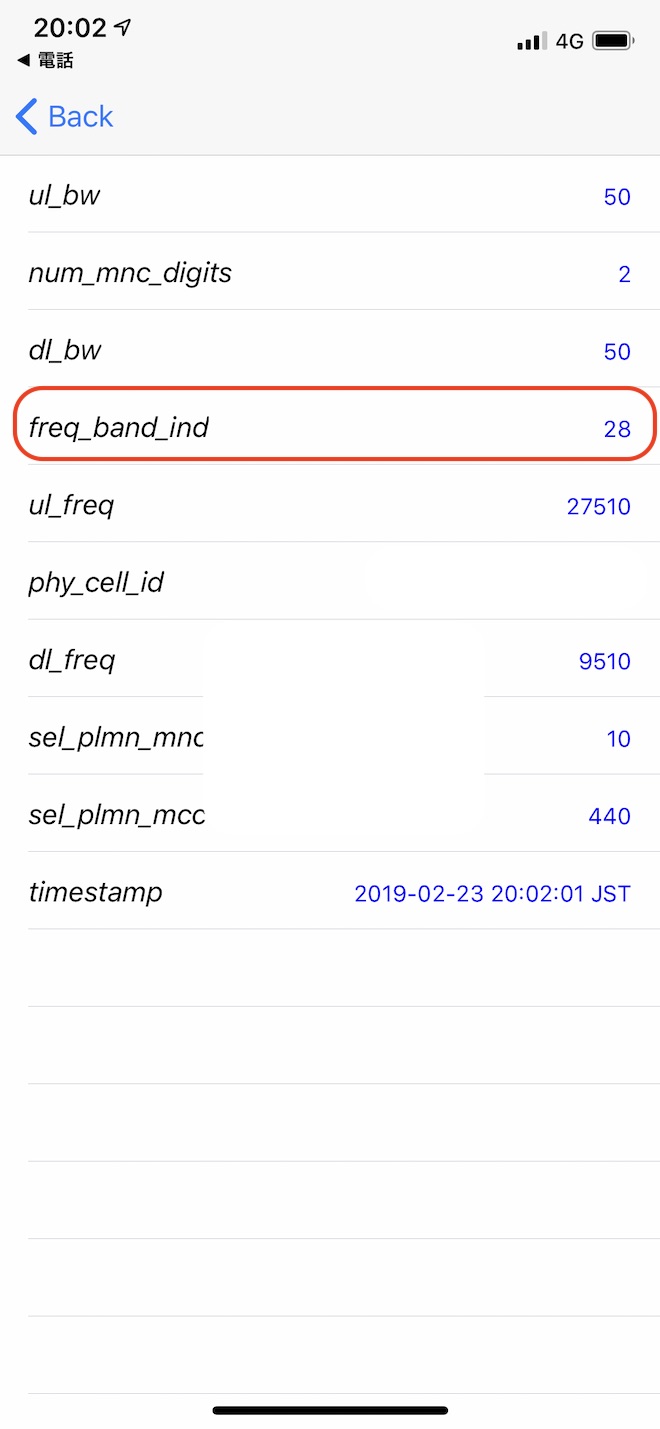 今回購入した海外版iPhone XSがバンド28を掴んでいることを確認