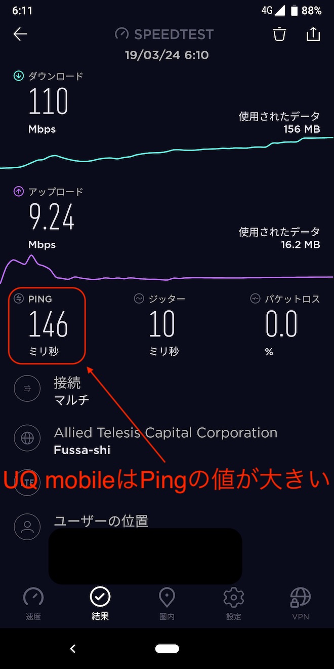 なぜかPingの値が大きいUQ mobile