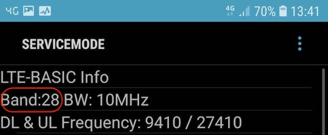 Galaxyは電話アプリから「*#0011#」で簡単に使用BANDを調べることができます