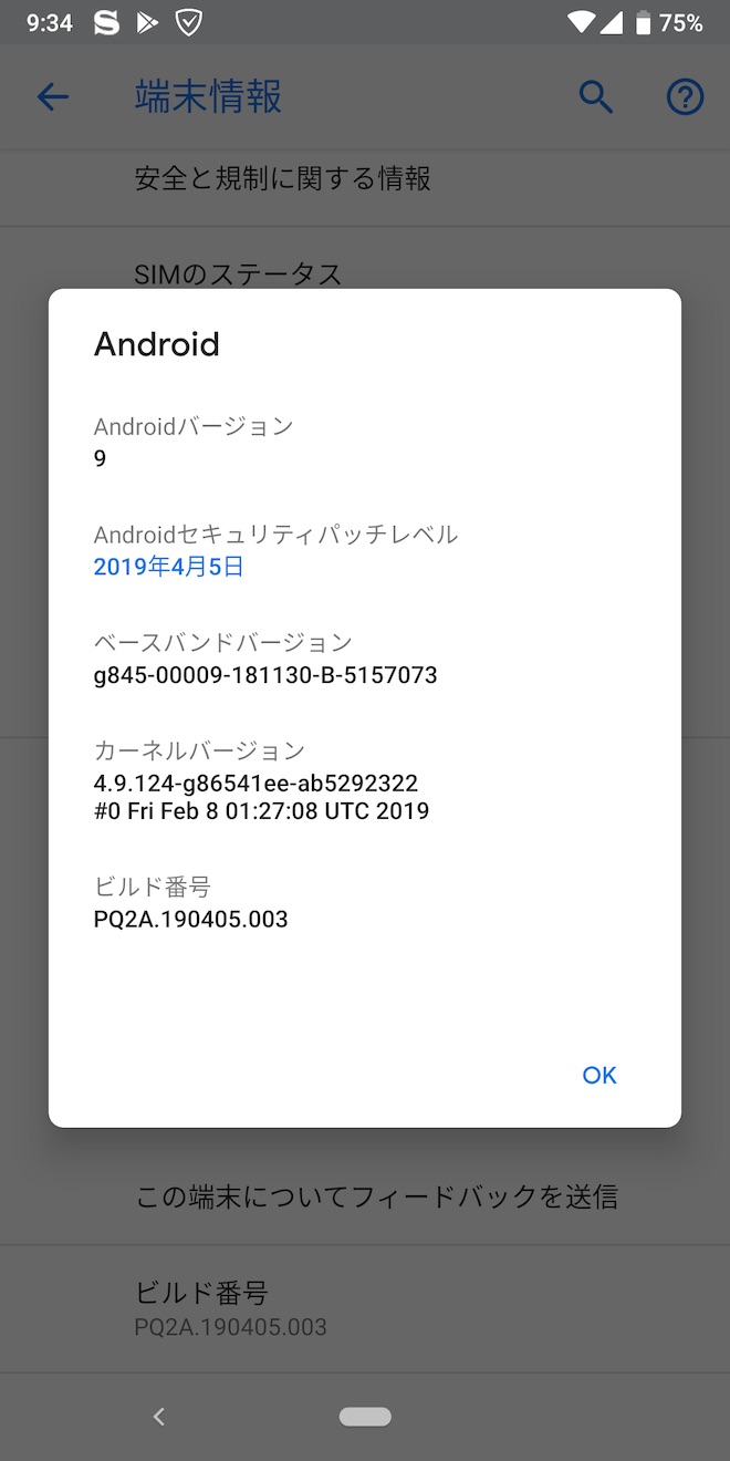 アップデート後のPixel 3の端末情報