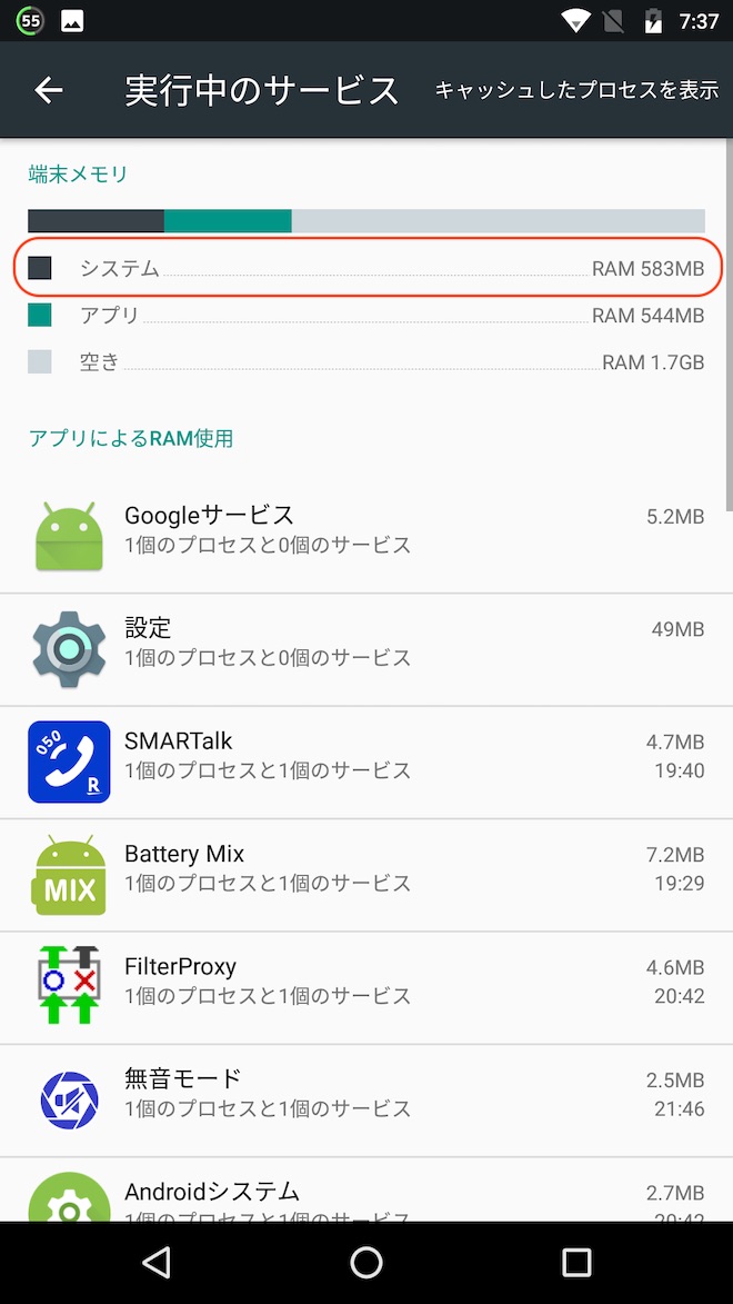 アップデート前の実行中のサービスに占めるシステムの容量