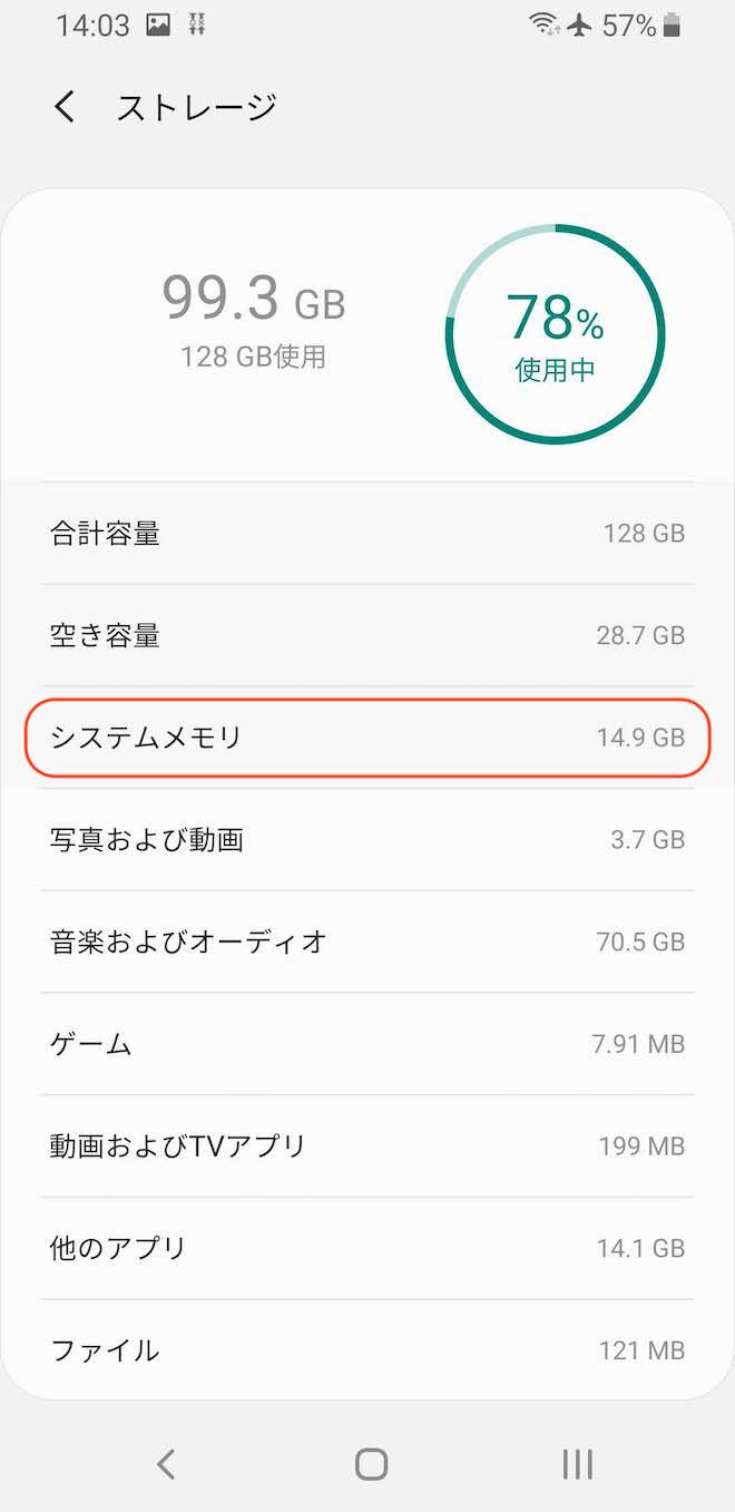 アップデート後のストレージに占めるシステムの容量
