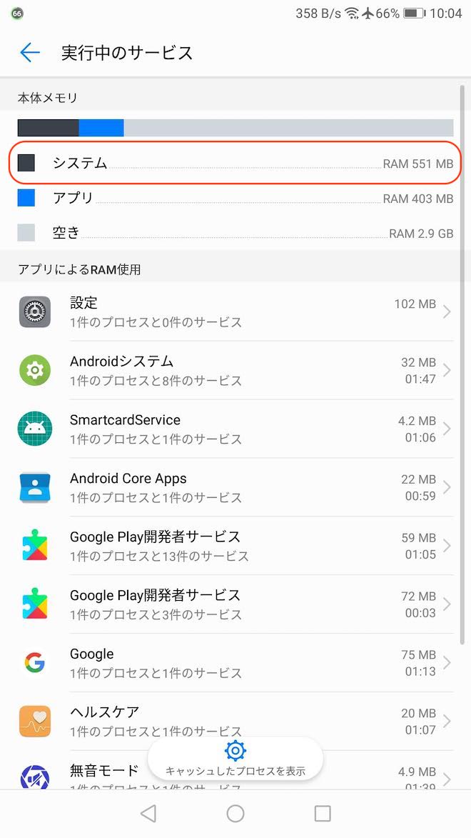 アップデート前の実行中のサービスに占めるシステムの容量