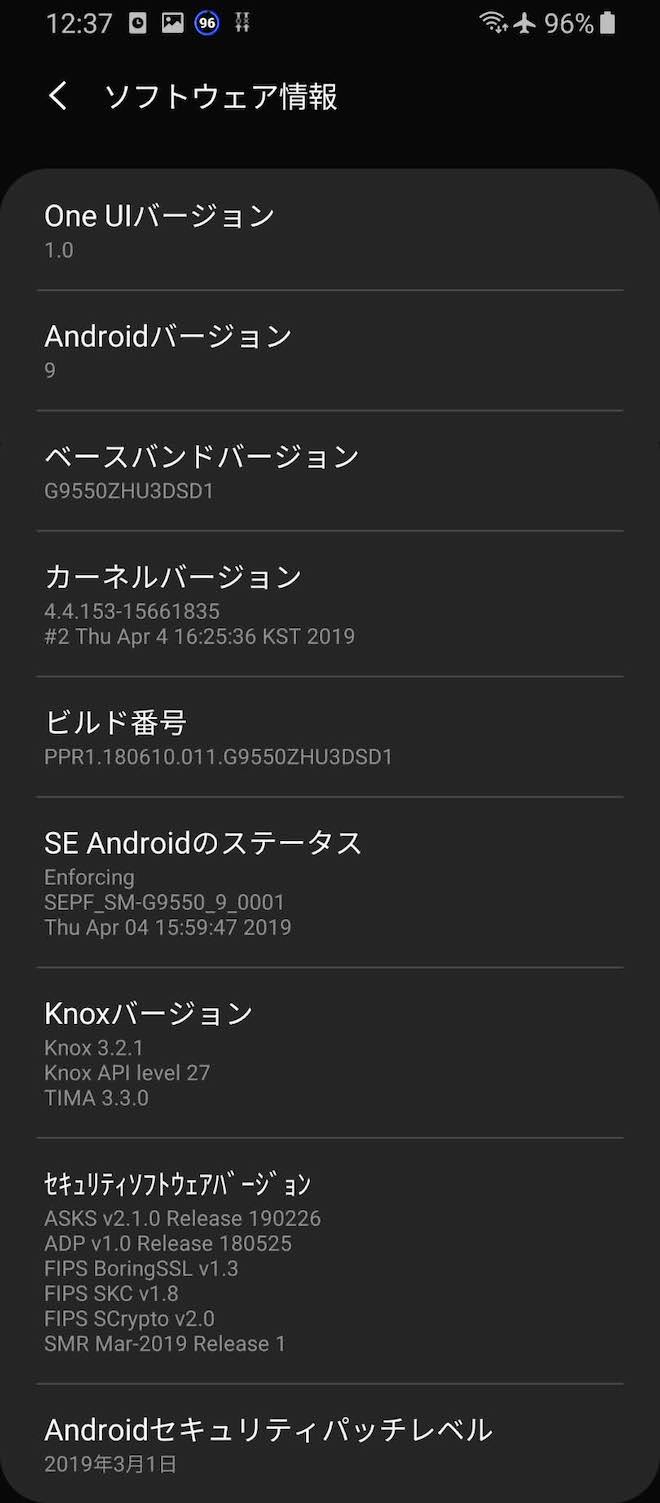 1回目のアップデート後のソフトウェア情報