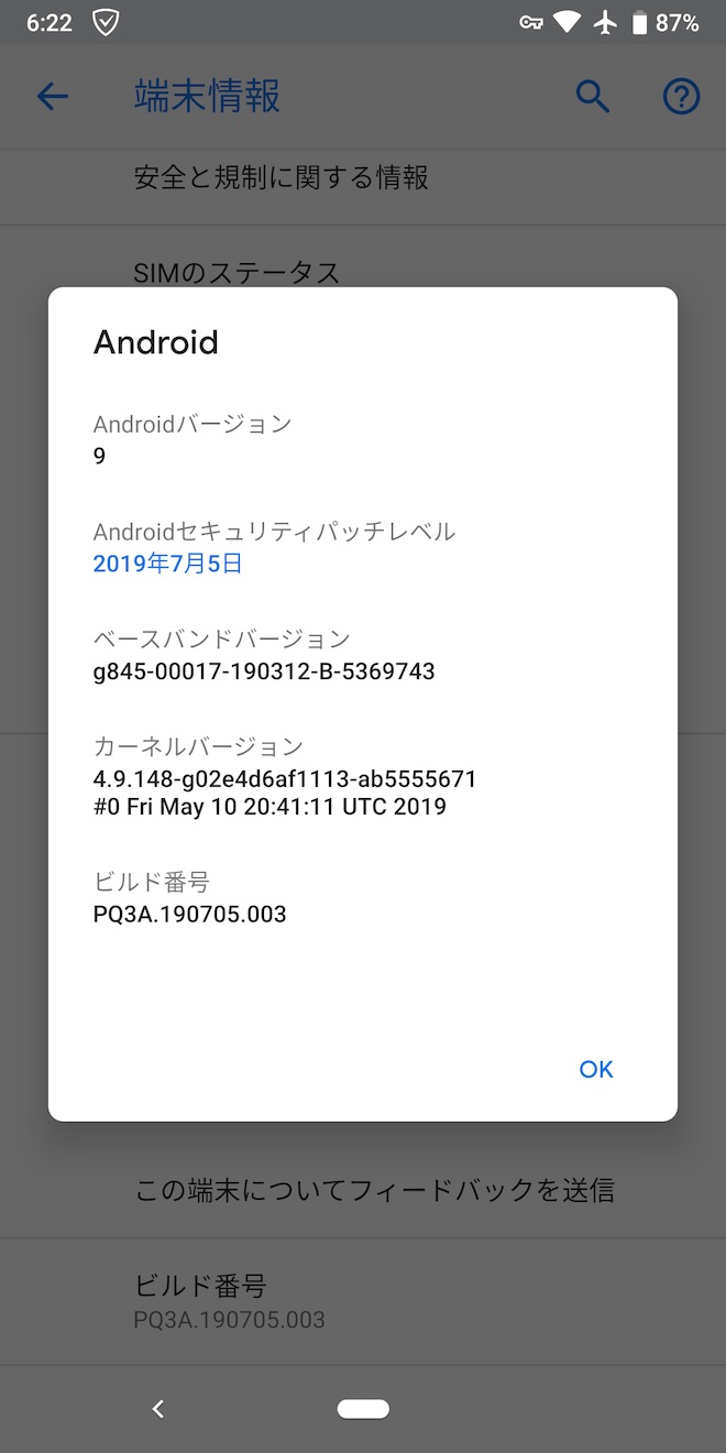 Pixel3アップデート後の端末情報