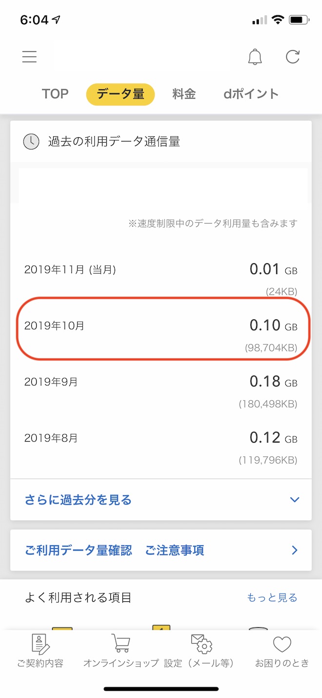 ドコモ(メイン回線)の通信量